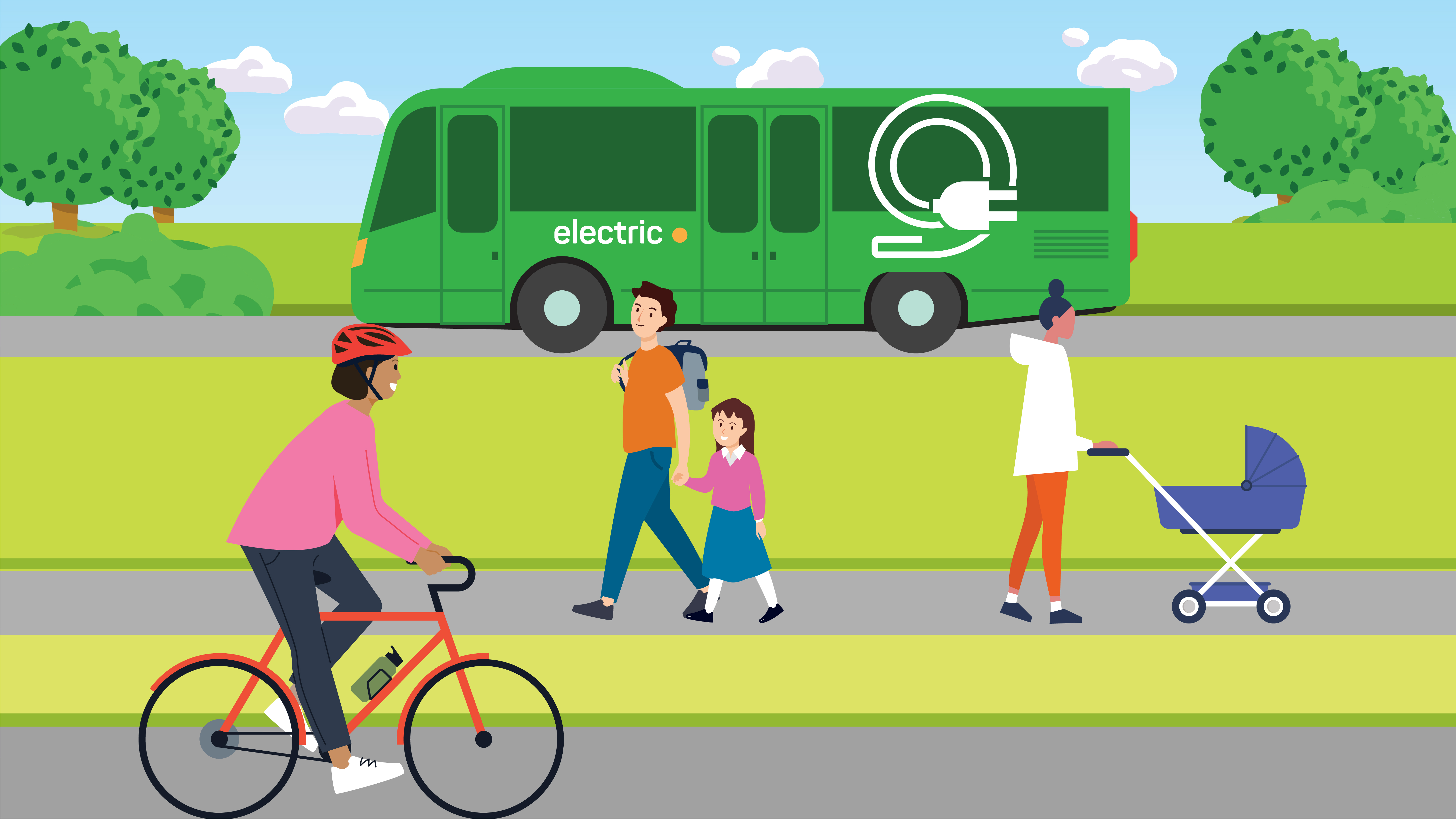 Image of people walking, cycling and using public transport
