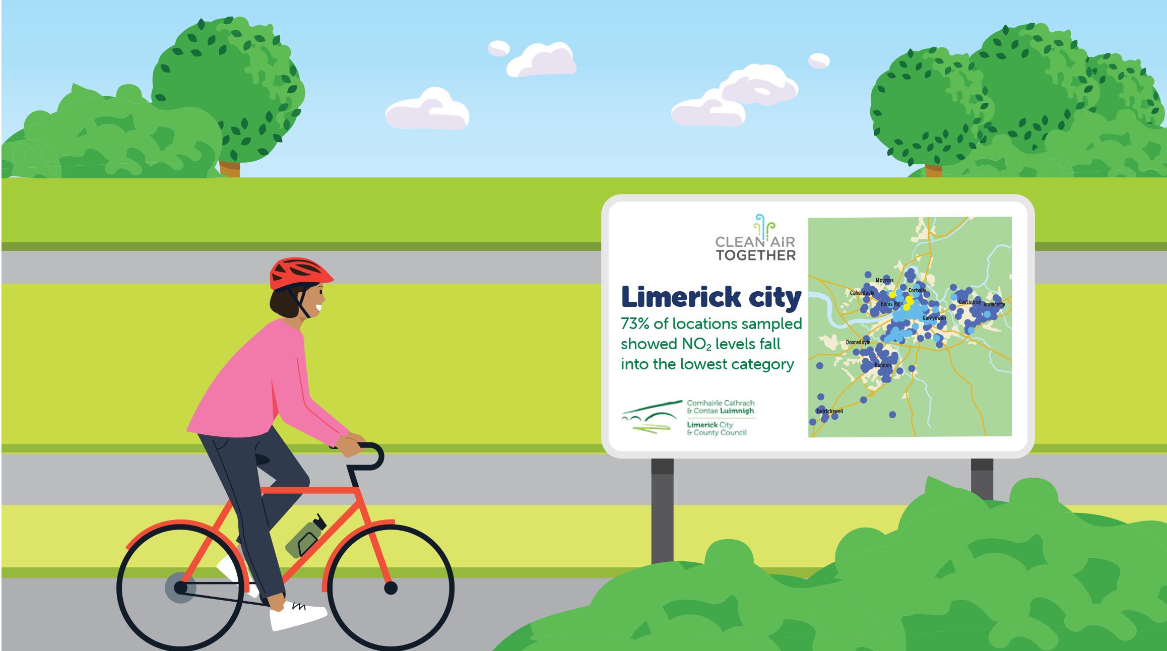 An image of a cyclist passing a billboard displaying the Clean Air Together results